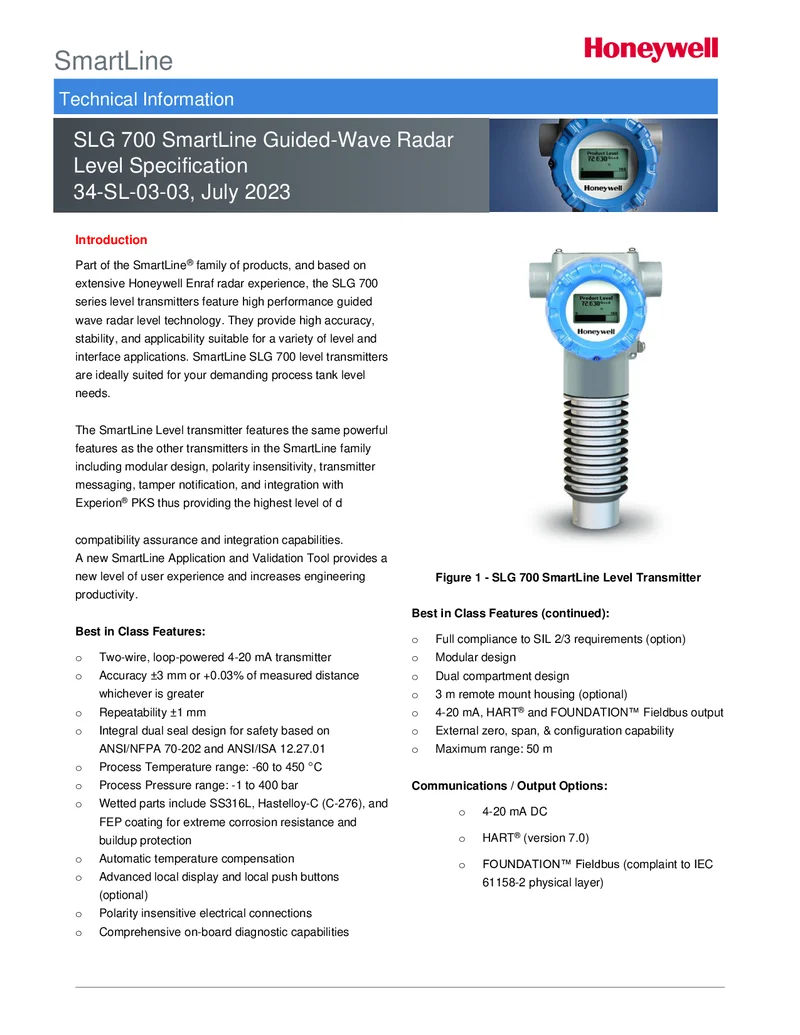 Nivel Onda Guiada SLG700 – Especificación Técnicas